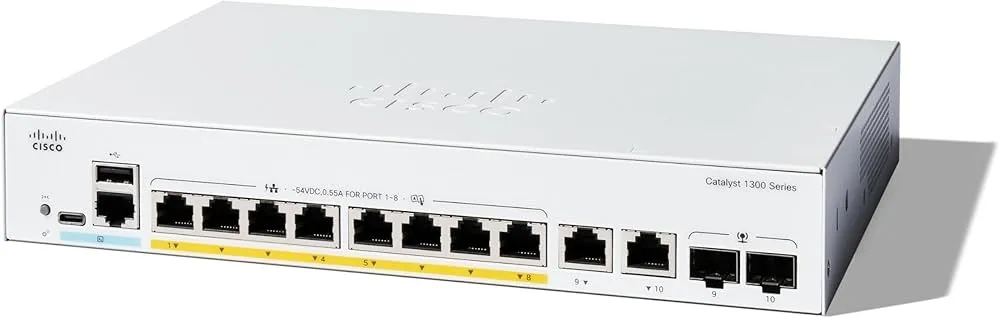 Switch C1300-8FP-2G có 8-port GE, cấp nguồn PoE+ (tối đa 120W) và 2x combo copper or SFP uplinks