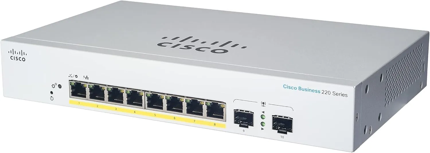 Cisco CBS220-8P-E-2G-EU cung cấp 8 cổng GE PoE+ và 2 cổng uplink 1G SFP