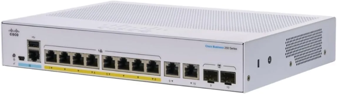 Cisco CBS250-8P-E-2G-EU với 8 cổng Gigabit PoE+ và 2 cổng kết hợp đồng, SFP Gigabit