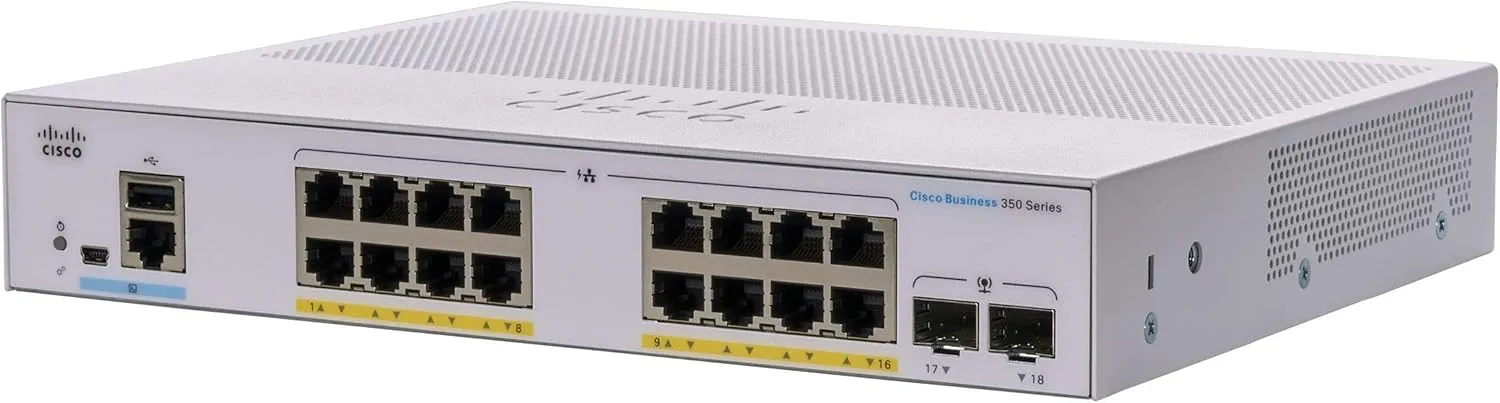 Cisco CBS350-16P-E-2G-EU cung cấp 16 cổng Gigabit Ethernet hỗ trợ PoE+ và 2 cổng SFP uplink