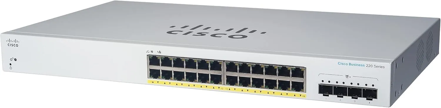 Switch Cisco CBS220-24P-4X-EU với 24 cổng 1GE hỗ trợ PoE+ và 4 cổng uplink 10G SFP+